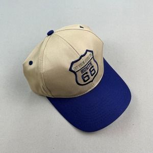 Vintage Route 66 Hat Cap Snapback Tan Blue Cars Highway Get Kicks On Adjustable